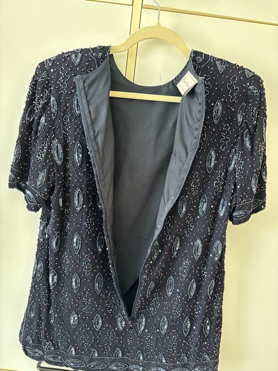 Frank Usher Navy Beaded Embroidered Top Heavy Luxe Blouse Event Quiet Luxury S - Picture 6 of 16